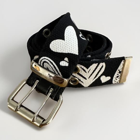 Black & White Heart Print Double Grommet Belt Y2K Emo 30-32” Waist 1.5” Wide - Picture 1 of 3